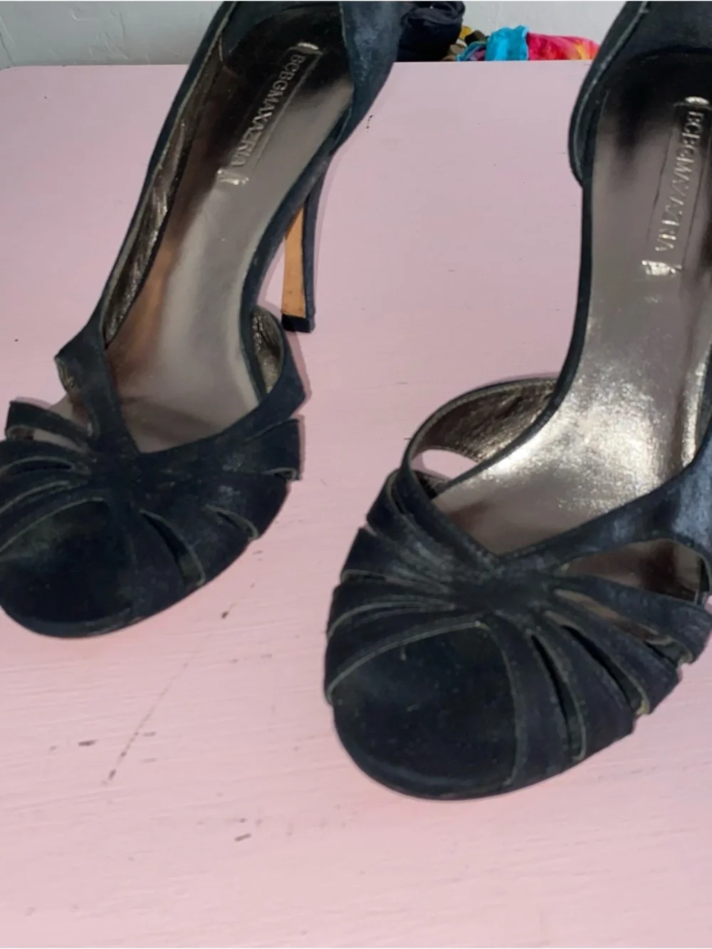 BCBGMAXAZRIA Leather Black Strappy Heeled Heels 38 7.5 D'Orsay peep-toe style